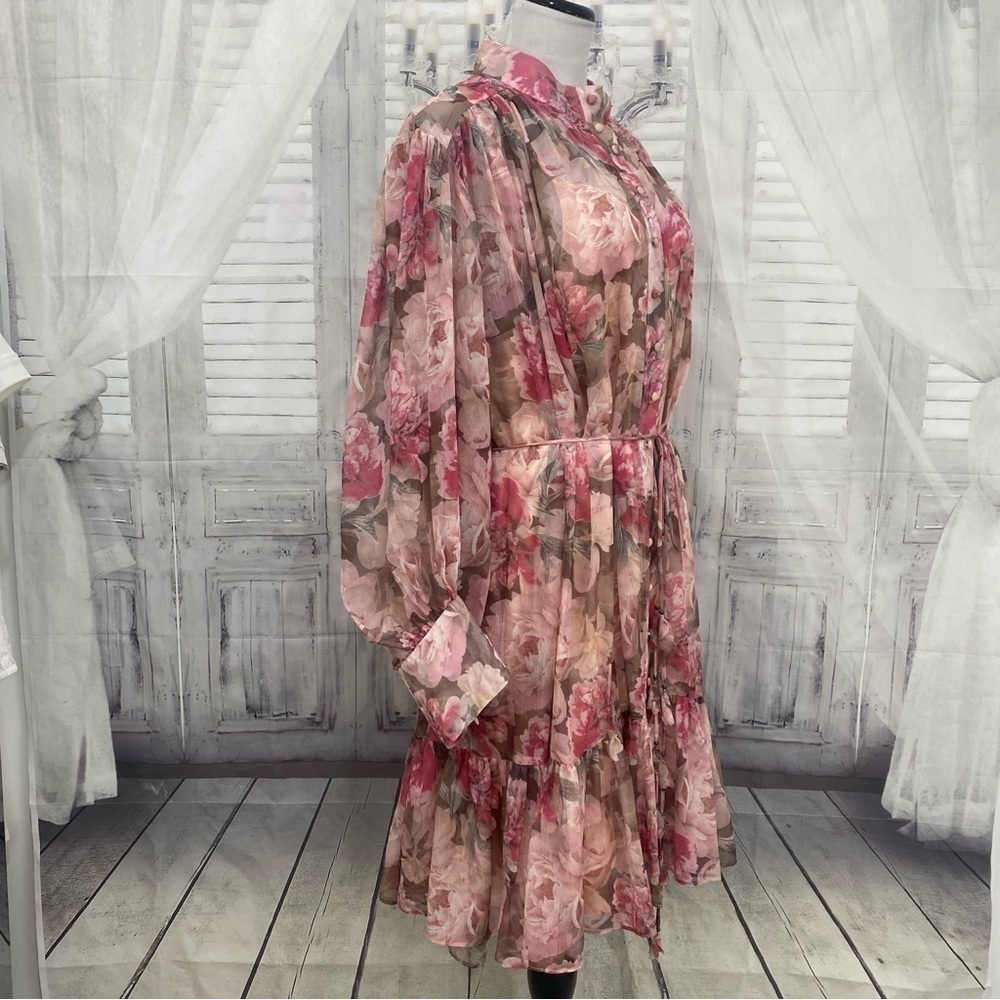 Alex Marie 24W Pink Purple Floral Long Puffed Sleeve Mock Neck Tiered Hem Dress - Picture 6 of 14
